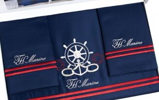 Ekskluzywna pościel na prezent Tivolyo Navy blue marinistyczna z haftem - 3